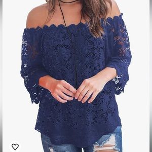 Blue Lace Off the Shoulder 3/4 Sleeve Blouse